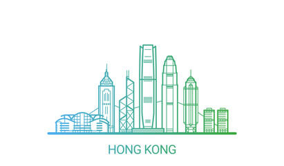 Hong Kong city colored gradient line. All Hong Kong buildings - customizable objects with opacity mask, so you can simple change composition and background fill. Line art. - obrazy, fototapety, plakaty