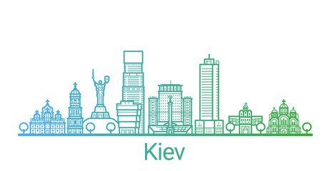 Kiev city colored gradient line. All Kiev buildings - customizable objects with opacity mask, so you can simple change composition and background fill. Line art.