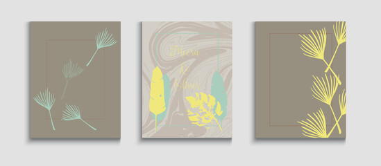 Abstract Elegant Vector Cards Set. Tie-Dye, Tropical Leaves Banners. 
