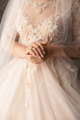 Bride with engagement ring at wedding day. Marrige concept