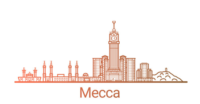 Mecca city colored gradient line. All Mecca buildings - customizable objects with opacity mask, so you can simple change composition and background fill. Line art.