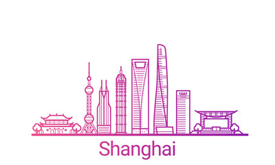 Shanghai city colored gradient line. All Shanghai buildings - customizable objects with opacity mask, so you can simple change composition and background fill. Line art.