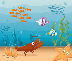 Fototapeta na wymiar lobster with fishes and wild marine animals in ocean, seaworld dwellers, cute underwater creatures,habitat marine concept vector illustration design