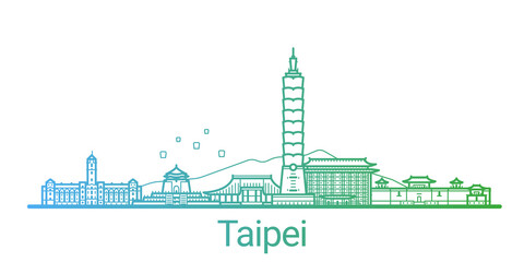 Taipei city colored gradient line. All Taipei buildings - customizable objects with opacity mask, so you can simple change composition and background fill. Line art.