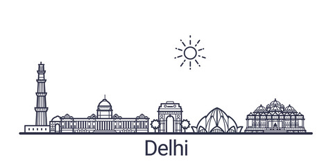 Linear banner of Delhi city. All Delhi buildings - customizable objects with opacity mask, so you can simple change composition and background fill. Line art.