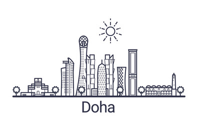 Linear banner of Doha city. All Doha buildings - customizable objects with opacity mask, so you can simple change composition and background fill. Line art.