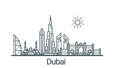 Linear banner of Dubai city. All buildings - customizable different objects with background fill, so you can change composition for your project. Line art.