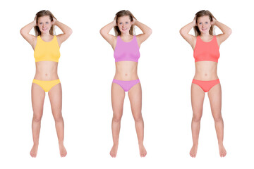 Beautiful young woman wearing different colorful bikinis