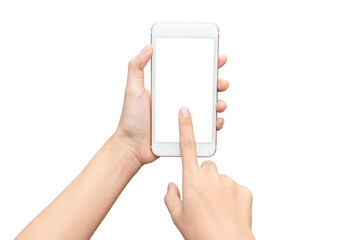Close up women's hand holding smartphone and hand gesture with pointing on blank white screen for put it on your own webpage or message isolated on white background