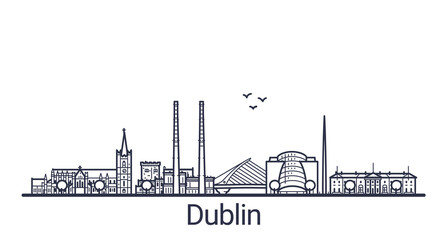 Naklejka premium Linear banner of Dublin city. All buildings - customizable different objects with clipping mask, so you can change background and composition. Line art.