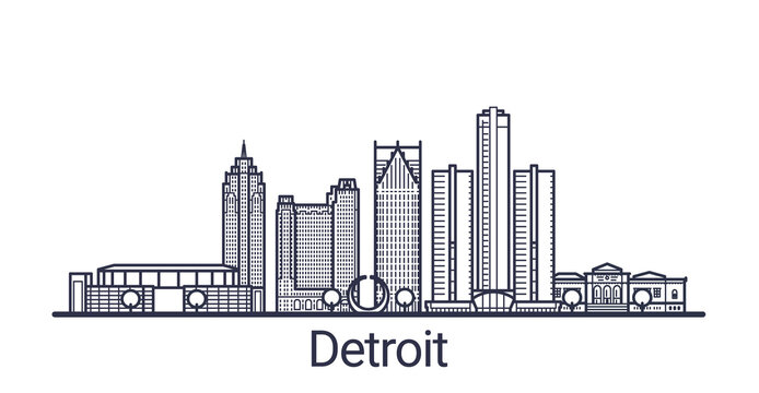 Linear banner of Detroit city. All buildings - customizable different objects with clipping mask, so you can change background and composition. Line art.