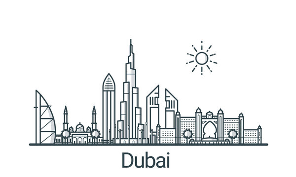 Linear Banner Of Dubai City. All Buildings - Customizable Different Objects With Background Fill, So You Can Change Composition For Your Project. Line Art.