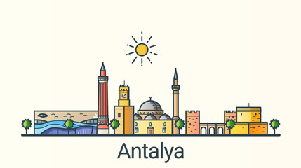 Fototapeta premium Banner of Antalya city in flat line trendy style. All buildings separated and customizable. Line art.
