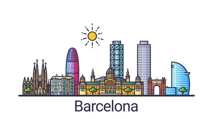Banner of Barcelona city skyline in flat line trendy style. Barcelona city line art. All buildings separated and customizable. - obrazy, fototapety, plakaty