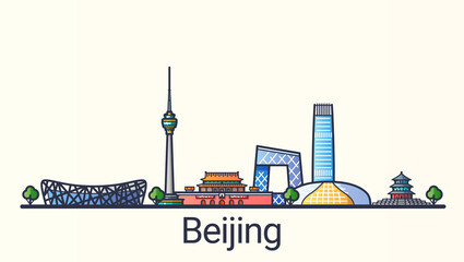 Banner of Beijing city in flat line trendy style. Beijing city line art. All buildings separated and customizable.