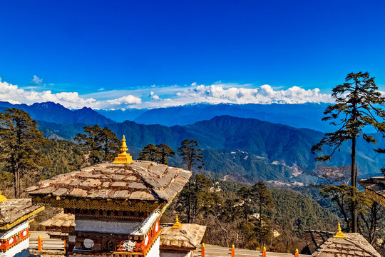 108 Memorial Chortens of Dochula Pass- mountain pass in Himalayas within Bhutan on the road from Thimpu Thimphu to Punakha, Bhutan.