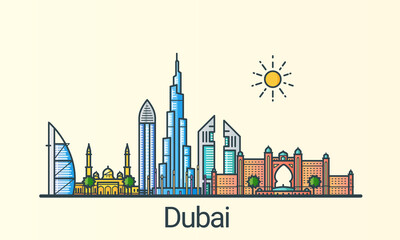 Banner of Dubai city in flat line trendy style. All buildings separated and customizible. Line art.