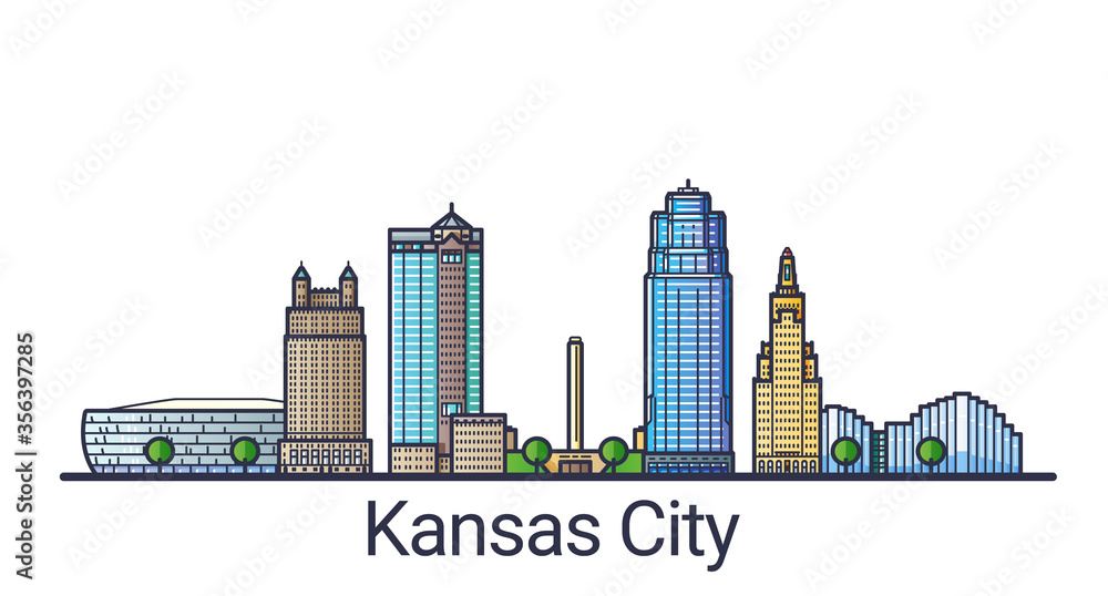 Wall mural Banner of Kansas city in flat line trendy style. Kansas city line art. All buildings separated and customizable.