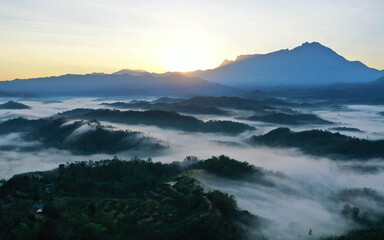 Scenery of Mount Kinabalu forest with low clouds on the morning from aerial scene.