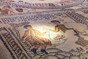 Fototapeta premium Mosaic fragment on the floor in ancient Roman town Sepphoris or Zippori Archaeological National Park, Galilee, Israel.