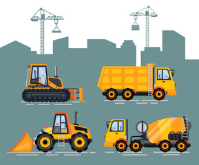 Obraz na płótnie Canvas Cityscape with cranes and machinery vector. Machine for construction and fixing, lifter and bulldozer, excavator and cement mixer, van with container