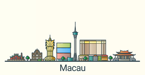 Banner of Macau city in flat line trendy style. All buildings separated and customizable. Line art.
