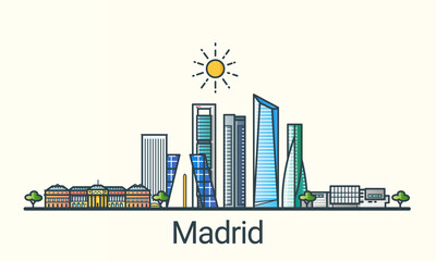 Obraz premium Banner of Madrid city in flat line trendy style. Madrid city line art. All buildings separated and customizable.