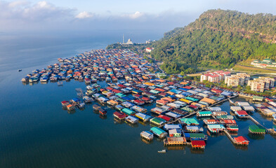 View of Sandakan City with Sandakan District Mosque and Kg. Sim Sim water village. Sandakan once known as Little Hong Kong of Borneo