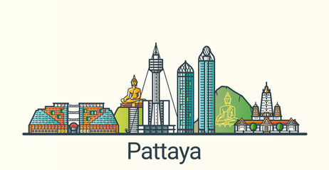 Banner of Pattaya city in flat line trendy style. All buildings separated and customizable. Line art.