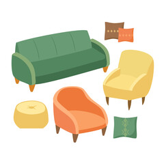 vector set of sofas and armchairs. cartoon style. upholstered furniture interior design.