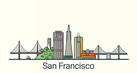 Banner of San Francisco city in flat line trendy style. San Francisco city line art. All buildings separated and customizable.
