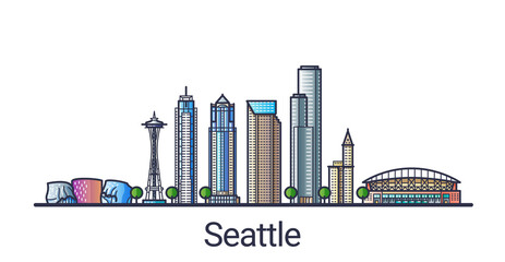 Banner of Seattle city in flat line trendy style. Seattle city line art. All buildings separated and customizable.