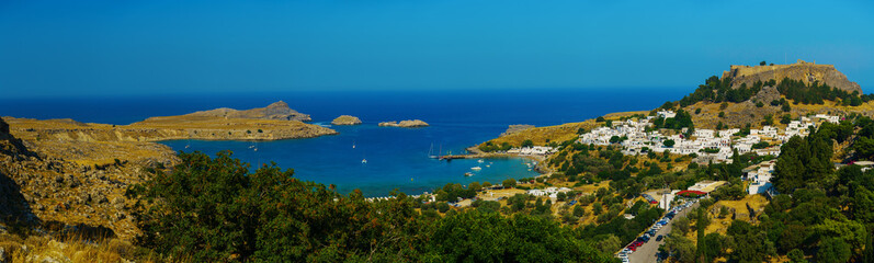 Fototapeta na wymiar View at Lindou Bay from Lindos Rhodes island, Greece.