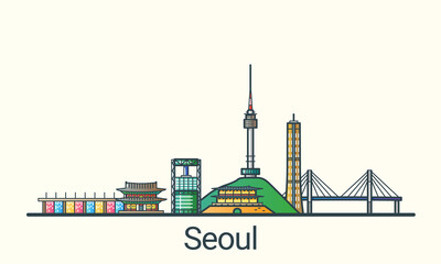 Obraz premium Banner of Seoul in flat line trendy style. All buildings separated and customizable. Line art.