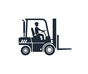 Forklift icon - warehouse packaging loader silhouette with driver - monochrome vector truck sign