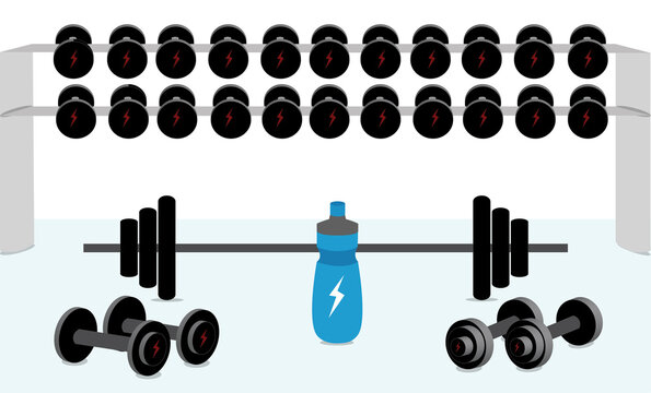 A Gym scene with dumbbells, road, weights and energy drink bottle.