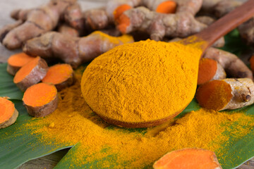 Turmeric (curcumin) powder and root on wooden background,spices