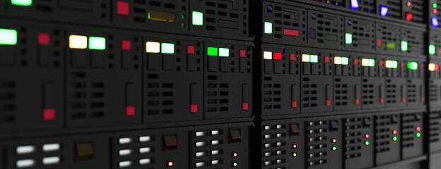 Server room data center. Backup, mining, hosting, mainframe, farm and computer rack with storage information. 3d render