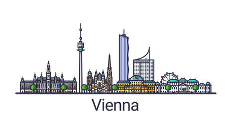 Obraz premium Sztandar Wiednia w stylu linii płaskiej. Grafika liniowa miasta Wiedeń. Wszystkie budynki liniowe oddzielone i konfigurowalne.