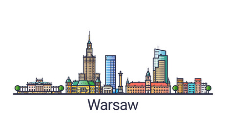 Banner of Warsaw city skyline in flat line trendy style. Warsaw city line art. All buildings separated and customizable.