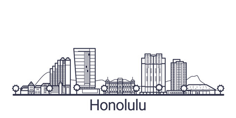 Linear banner of Honolulu city. All Honolulu buildings - customizable objects with opacity mask, so you can simple change composition and background fill. Line art.