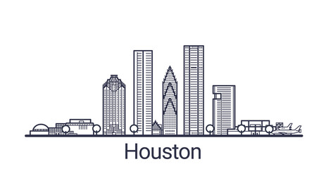 Linear banner of Houston city. All buildings - customizable different objects with clipping mask, so you can change background and composition. Line art.