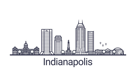 Linear banner of Indianapolis city. All buildings - customizable different objects with clipping mask, so you can change background and composition. Line art.