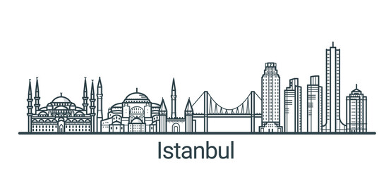 Obraz premium Linear banner of Istanbul city. All buildings - customizable different objects with background fill, so you can change composition for your project. Line art.