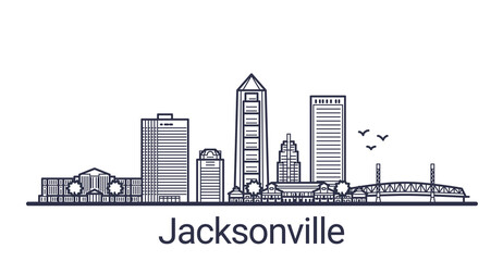 Fototapeta na wymiar Linear banner of Jacksonville city. All buildings - customizable different objects with clipping mask, so you can change background and composition. Line art.