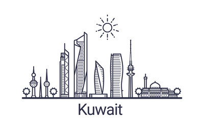 Obraz premium Linear banner of Kuwait city. All Kuwait buildings - customizable objects with opacity mask, so you can simple change composition and background fill. Line art.