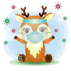 cute deer using face shield and mask.  Covid-19,  coronavirus vector illustration.