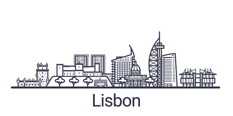 Skyline of Lisbon city in linear style. Lisbon cityscape line art. All buildings separated with clipping masks. So you can change composition and background.