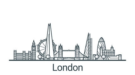 Linear banner of London city. All buildings - customizable different objects with background fill, so you can change composition for your project. Line art.