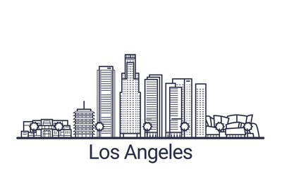 Linear banner of Los Angeles city. All Los Angeles buildings - customizable objects with opacity mask, so you can simple change composition and background fill. Line art.